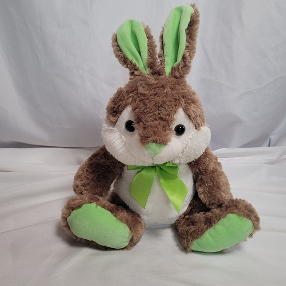 Kellytoy Brown & White w Green Bunny Rabbit Plush Stuffed Animal 14" - Picture 1 of 11